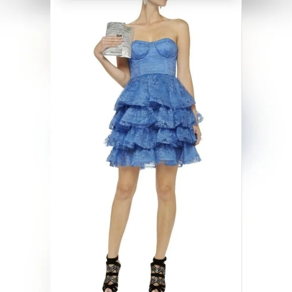 Alice And Olivia Periwinkle Blue Lace Ruffle Bustier Dress Size 4 - Picture 2 of 10